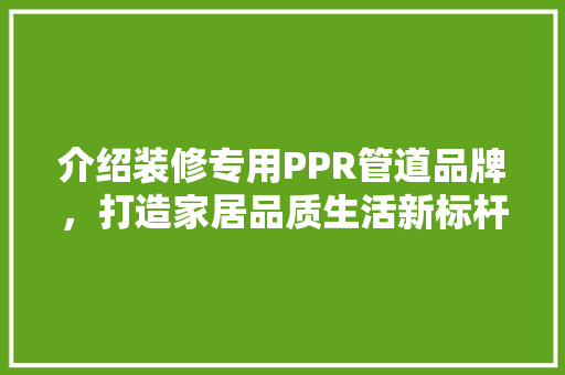 介绍装修专用PPR管道品牌，打造家居品质生活新标杆 介绍装修专用PPR管道品牌，打造家居品质生活新标杆 MI家装修攻略